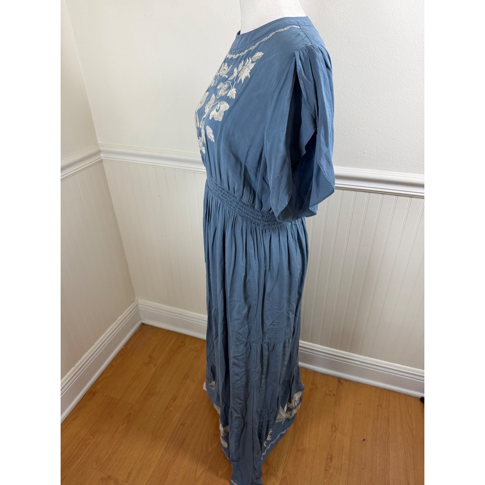 Bohme Maxi Dress Women Large Blue Floral Embroidered Smocked Waist PSD1844A-BM - Picture 5 of 9